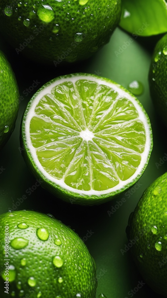 Fresh Green Limes With Water Droplets on a Vibrant Green Background Showcasing Their Juicy Texture and Flavor Fresh Green Limes With Water Droplets on a Vibrant Green Background Showcasing Their Juicy Texture and Flavor
