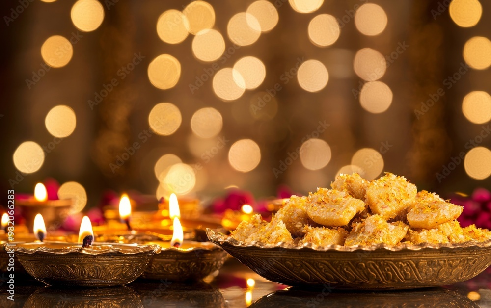 Obraz premium Traditional festive sweets and glowing oil lamps on a table with a warm, golden bokeh background.