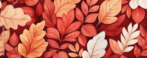 Wallpaper Mural Autumn foliage, warm red and orange tones, watercolor art, detailed leaf patterns, botanical design, hand-painted effect, seasonal elegance Torontodigital.ca