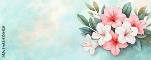 Azalea shrubs, pastel pink and white blossoms, watercolor artistic design, detailed foliage, botanical illustration, hand-drawn elegance