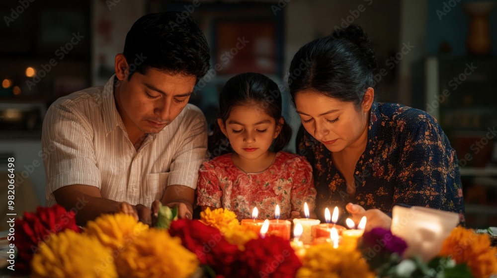 A family gathers around candles and flowers in a serene, intimate moment, celebrating a cultural occasion with reflections of devotion and togetherness. A family gathers around candles and flowers in a serene, intimate moment, celebrating a cultural occasion with reflections of devotion and togetherness.