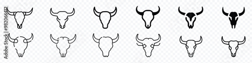 Bull Skull icon, bull skull icon isolated transparent background, symmetrical bull skull head with horns front view colorless black and white outline silhouette