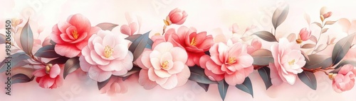 Camellia shrubs, pastel pink and red blooms, watercolor artistic design, detailed leaves, botanical illustration, hand-drawn soft elegance