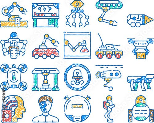 robot future electronic equipment doodle icons set vector. sketch line art military and underwater robot, vacuum cleaner and cyborg nanorobot, robotic arm doing surgery operation contour illustrations