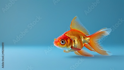 A cute gold fish sitting on a solid baby blue background with space above for text