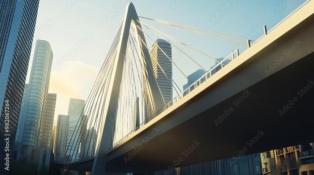 Fototapeta premium Modern suspension bridge arching over a city skyline