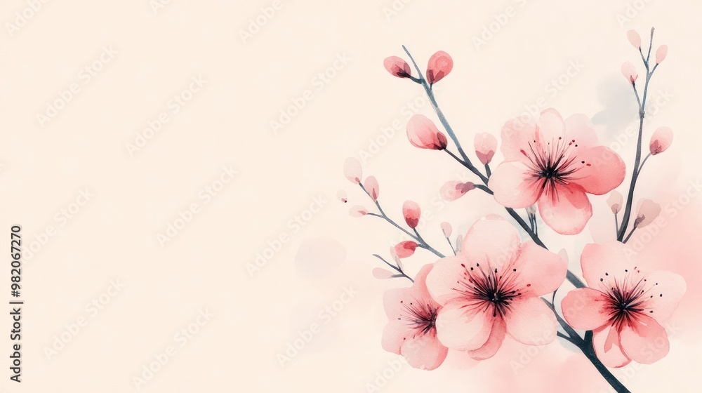 Naklejka premium Flowering shrubs, soft pastel pink blooms, artistic watercolor illustration, delicate brushstrokes, botanical design, serene hand-drawn style