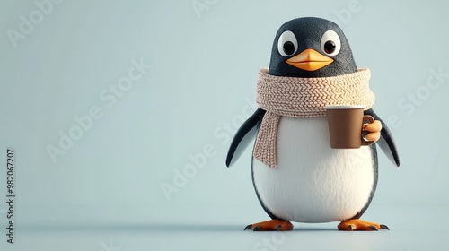 A cute cartoon penguin wearing a scarf holds a cup of coffee in front of a light blue background.