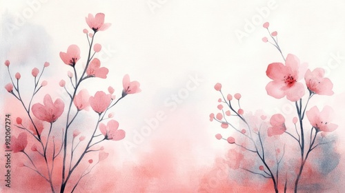 Flowering shrubs, soft pastel pink blooms, artistic watercolor illustration, delicate brushstrokes, botanical design, serene hand-drawn style