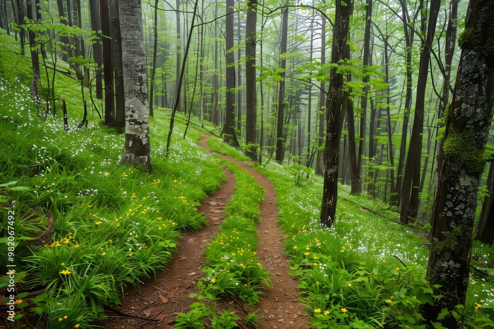 A Winding Path Through a Lush Green Forest Filled With Wildflowers Under a Misty Canopy in Early Spring A Winding Path Through a Lush Green Forest Filled With Wildflowers Under a Misty Canopy in Early Spring