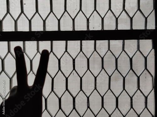 Silhouette of a hand showing peace sign on a metal lattice
 photo