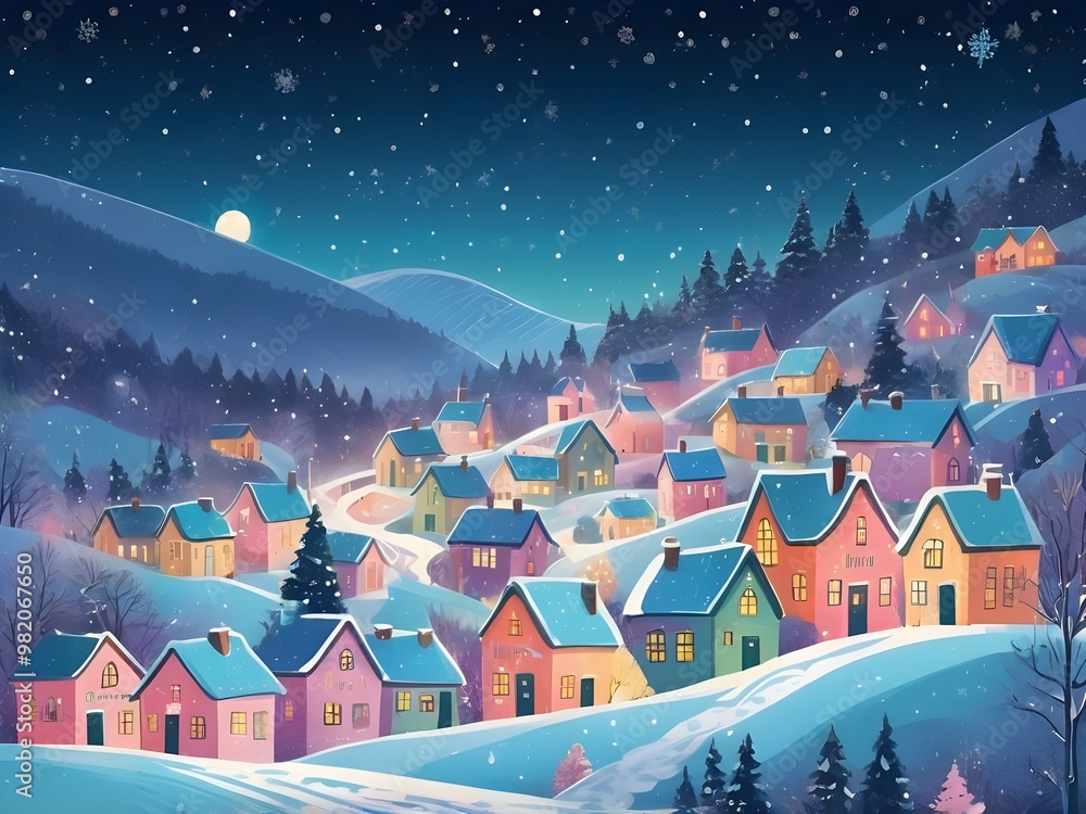 Fototapeta premium abstract pastel Village christmas landscape in snowfall hand drawn crayon or pencil house in falling snowflakes. City town like childs drawing doodle cozy hut.