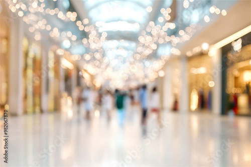 Blurred background of a shopping mall with unrecognizable people walking and bokeh lights, ideal for background use