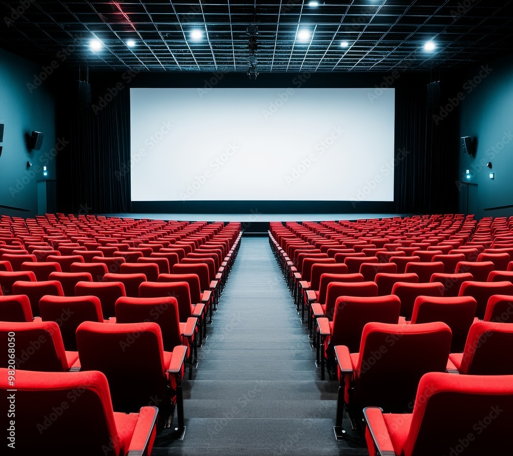 A Modern, Empty Cinema Theater With Vibrant Red Seats and a Large Screen Ready for the Next Feature Presentation A Modern, Empty Cinema Theater With Vibrant Red Seats and a Large Screen Ready for the Next Feature Presentation