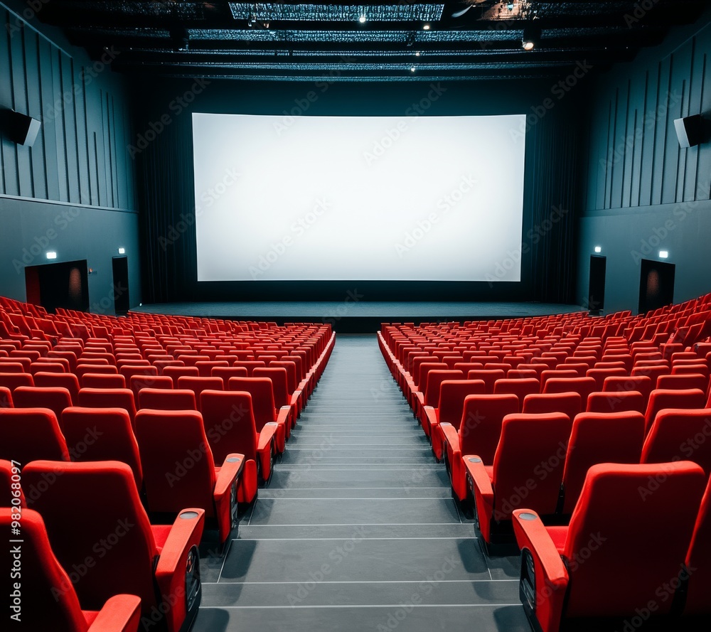 Fototapeta premium Empty Cinema Hall With Red Seating and a Large Screen Ready for the Next Movie Showing in the Evening