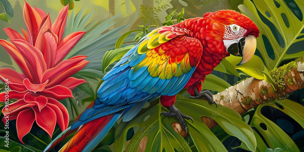 Obraz premium Colorful Parrot Perched Amongst Jungle Leaves