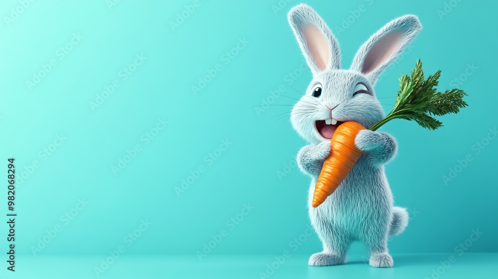 Cute cartoon bunny holding a carrot on a blue background. Cute cartoon bunny holding a carrot on a blue background.
