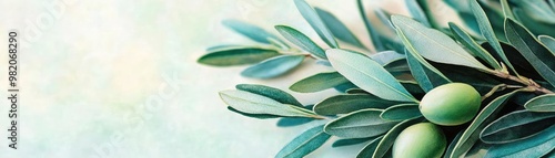Olive foliage, soft green tones, artistic watercolor design, intricate branch details, botanical illustration, hand-drawn natural beauty
