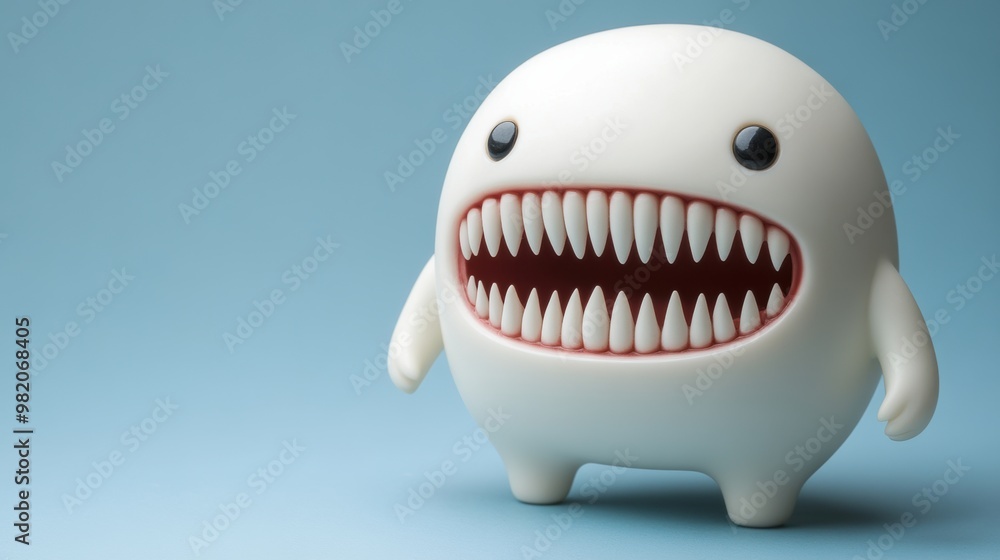 A white toy with big teeth and a blue background, AI A white toy with big teeth and a blue background, AI