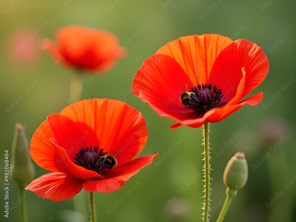 Vibrant Red Poppy Flowers in Full Bloom with Lush Petal-Rich Formations Against Soft Blurred Green Background Creating Stunning Bokeh Effect, Featuring Intricate Stamens, Buds, and Depth Vibrant Red Poppy Flowers in Full Bloom with Lush Petal-Rich Formations Against Soft Blurred Green Background Creating Stunning Bokeh Effect, Featuring Intricate Stamens, Buds, and Depth