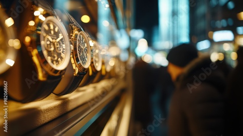 A close-up view of luxury watches displayed in a store with a blurred figure in the background, highlighting an elegant shopping atmosphere at night. photo