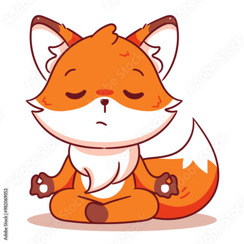 Cute Fox relaxing doing yoga Cartoon Character. Adorable animal concept design. Isolated on white background.