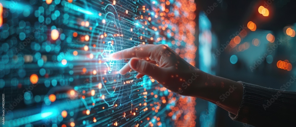 A hand reaching toward a glowing digital interface, representing data science and technology. Free copy space for text. A hand reaching toward a glowing digital interface, representing data science and technology. Free copy space for text.