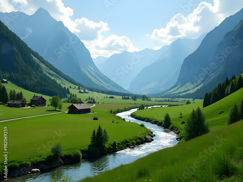 Breathtaking Alpine Landscape with Towering Mountains, Lush Green Valleys, Serene Meandering River, Vibrant Meadows, Clusters of Trees, Tranquil Nature Scene, Clear Blue Sky Reflection, Peaceful