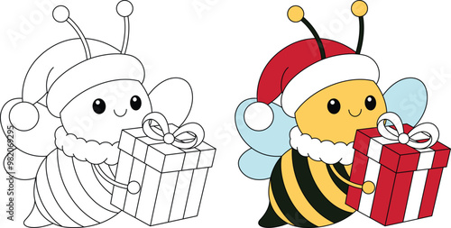 Cute bee is holding a gift box and wearing a Christmas hat outline coloring page, Christmas and winter animal colouring for kids