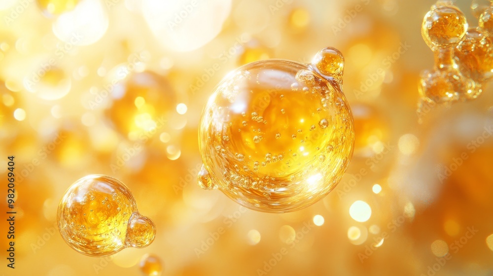 Close-up of Golden Bubbles Floating in Bright Light, Creating a Dreamy Atmosphere in a Soft-Focus Setting During Daytime Close-up of Golden Bubbles Floating in Bright Light, Creating a Dreamy Atmosphere in a Soft-Focus Setting During Daytime