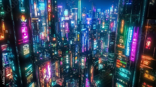 A futuristic cityscape with towering skyscrapers illuminated by neon lights.