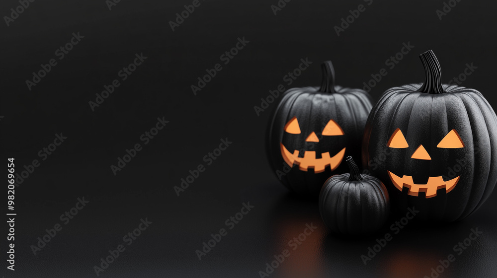 Black Halloween pumpkins in 3D, featuring joyful and creepy carved smiles, designed for use in advertising with copy space. Black Halloween pumpkins in 3D, featuring joyful and creepy carved smiles, designed for use in advertising with copy space.