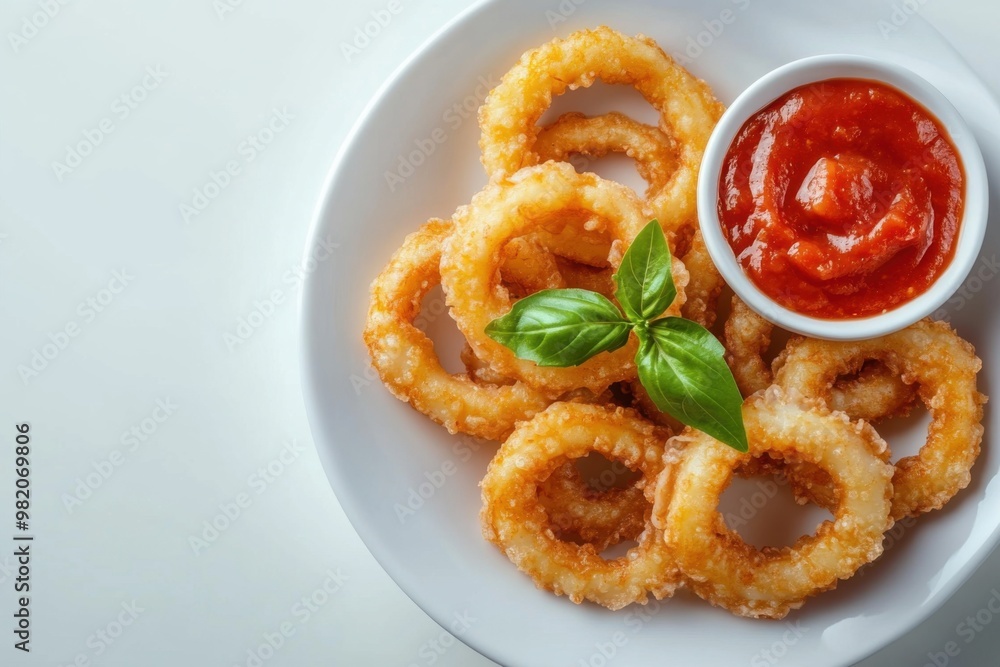 Crispy calamari rings served with marinara sauce on a minimalist plate for a delightful snack experience Crispy calamari rings served with marinara sauce on a minimalist plate for a delightful snack experience
