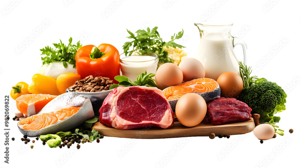 Wooden board with steak, fish, eggs, milk, fruit, vegetables isolated on transparent background
