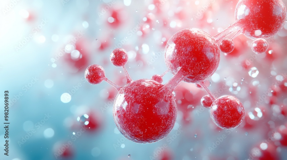Abstract Representation of Red Molecules Floating in a Sparkling Blue Environment With a Soft Glow Abstract Representation of Red Molecules Floating in a Sparkling Blue Environment With a Soft Glow