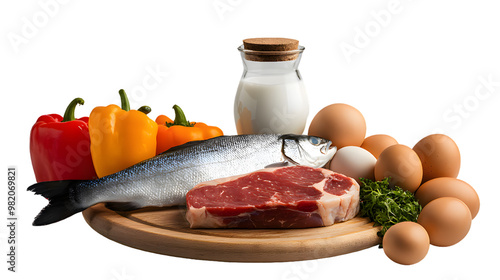 Wallpaper Mural Wooden board with steak, fish, eggs, milk, fruit, vegetables isolated on transparent background Torontodigital.ca