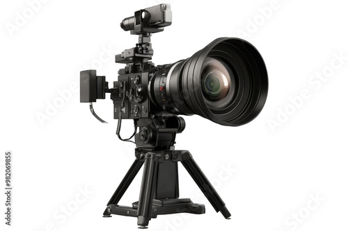 Modern video camera with lens on stand on transparent background