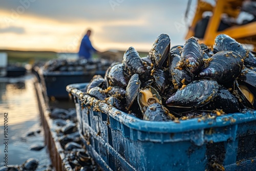 Mussel Harvesting in Coastal Waters at Sunset With Workers Preparing for Market