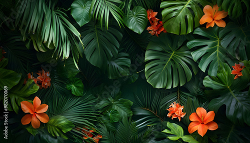 A lush jungle scene with vibrant green leaves and exotic flowers, bringing the warmth of the tropics to your screen