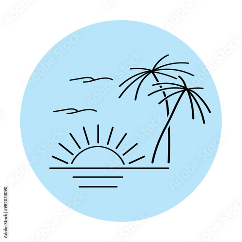Beauty sunset view with palm trees and bird vector lineout illustration