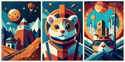 Minimalist abstract hamster art collection featuring space theme designs