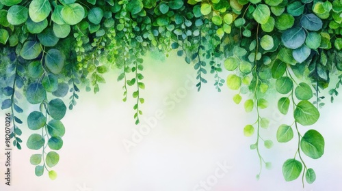 Hanging vines, lush greenery cascading, minimalistic background, watercolor style