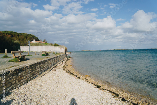 Sea wall at Plage de la Patache in Île de Ré, France,