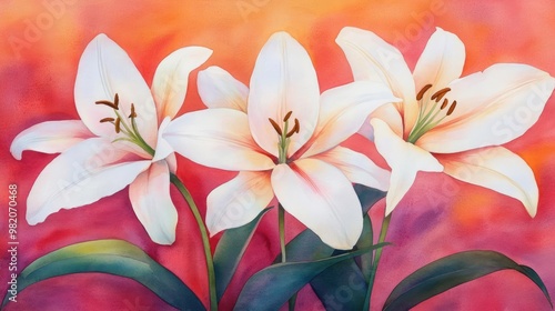 Lilies in bloom, vibrant art style, delicate petals, watercolor composition