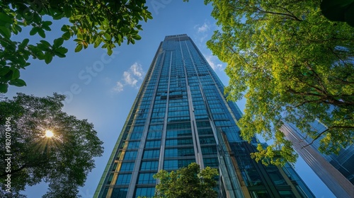 Mahanakorn skyscraper, an iconic modern building, stands tall in Bangkok's Sathorn business district, overlooking Sathorn Square's commercial office complex and the W Hotel. photo