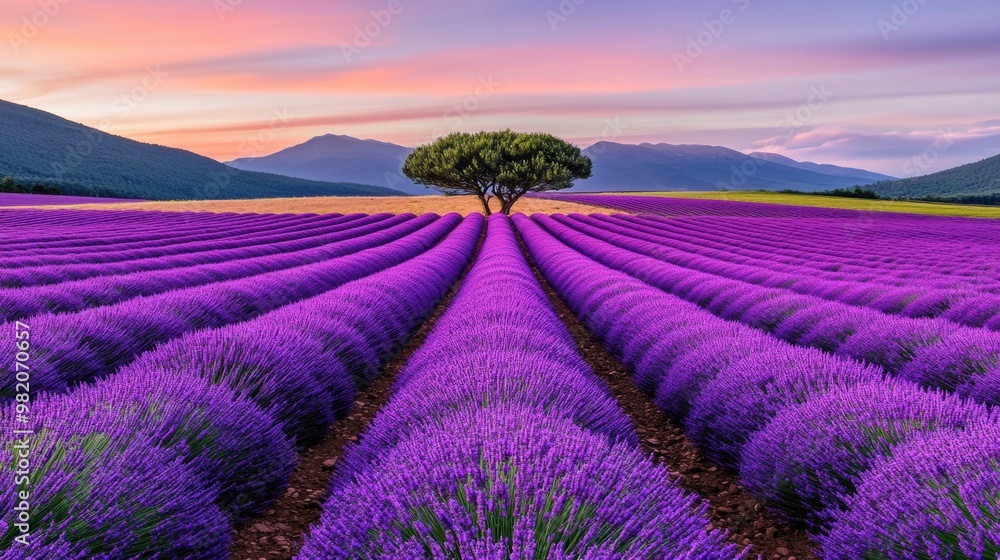 Obraz premium A field of lavender with a lone tree in the middle, AI