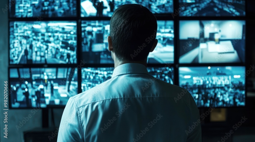 A person monitors multiple surveillance screens in a dimly lit control room. A person monitors multiple surveillance screens in a dimly lit control room.
