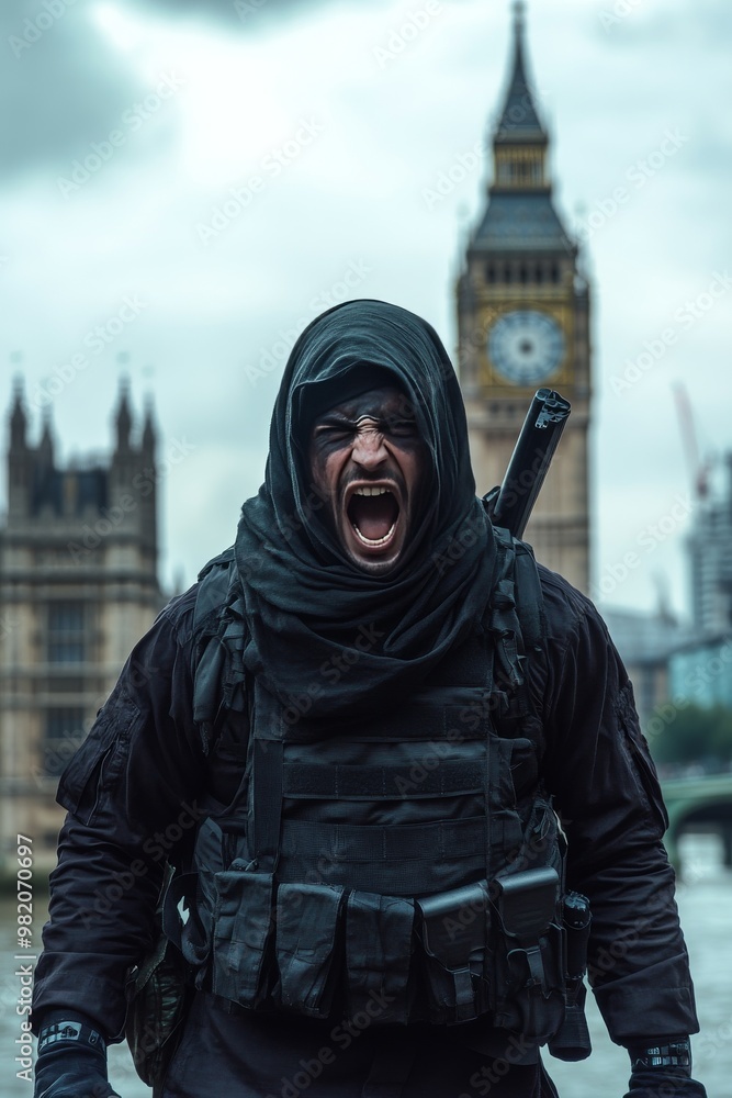 Fierce Warrior in Tactical Gear Yells Dramatically Against a Cloudy Skyline Featuring Big Ben in London Fierce Warrior in Tactical Gear Yells Dramatically Against a Cloudy Skyline Featuring Big Ben in London