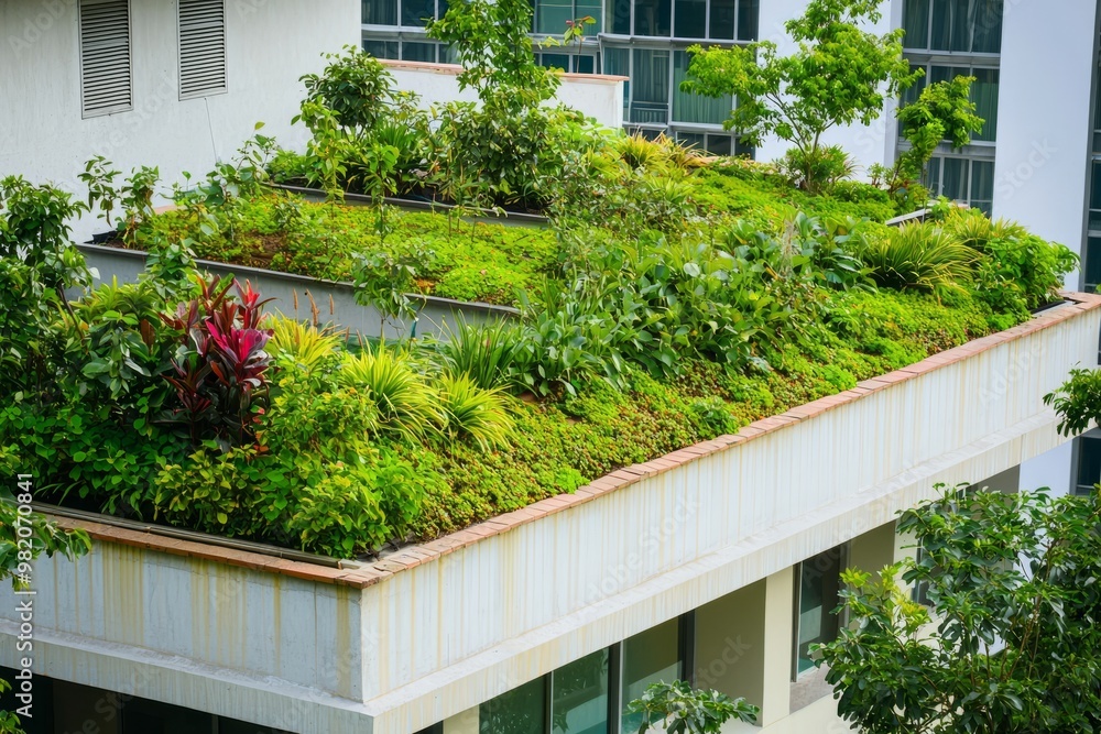 Fototapeta premium A Building’s Green Roof Is Covered With Plants. The Green Roof Helps With Insulation And Rainwater Absorption
