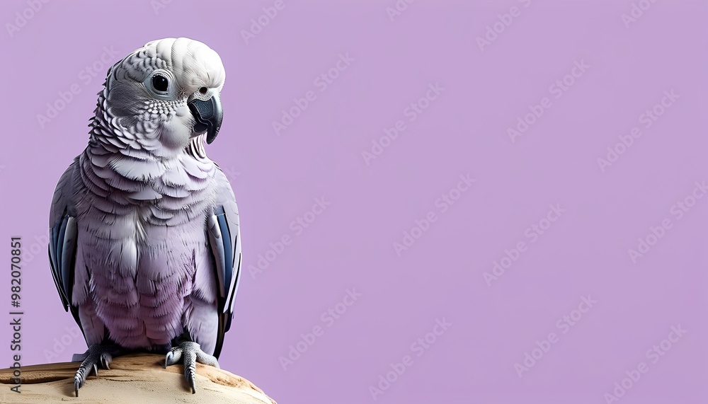 Fototapeta premium A cute parrot sitting on a solid pastel purple background with space above for text